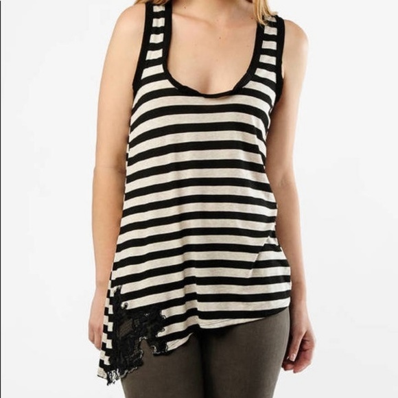 Ella Moss Tops - Ella Moss Striped Black Lace Inset Tank